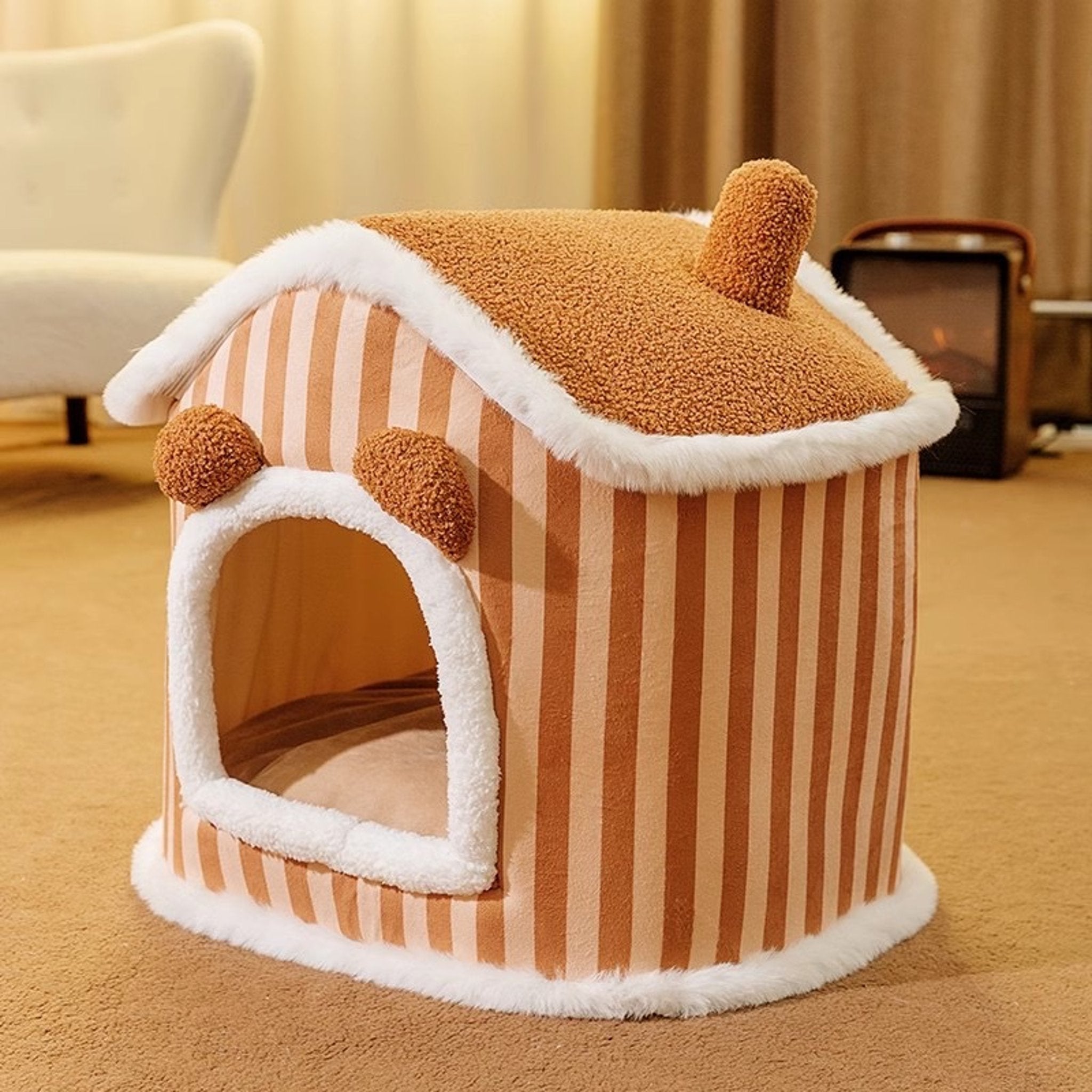 Cozy Plush Brown Villa Pet Bed – Warm Thickened Washable Cave for Dogs & Cats