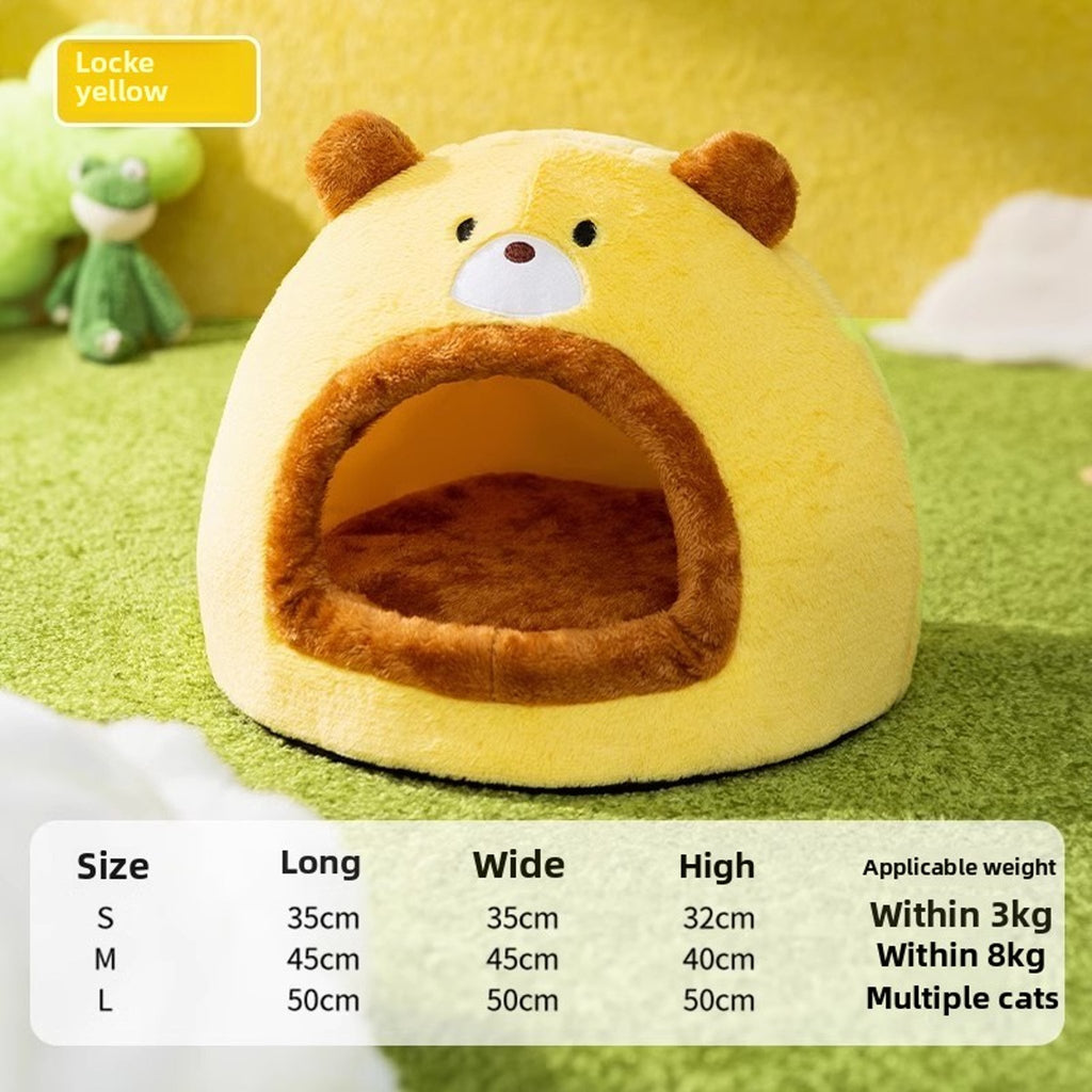 Cozy Plush Locke Brown Yellow Pet Bed – Warm Thickened Washable Cave for Dogs & Cats