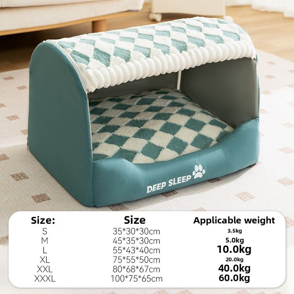 Cozy Plush Tian Green Houndstooth Pet Bed – Warm Thickened Washable Cave for Dogs & Cats