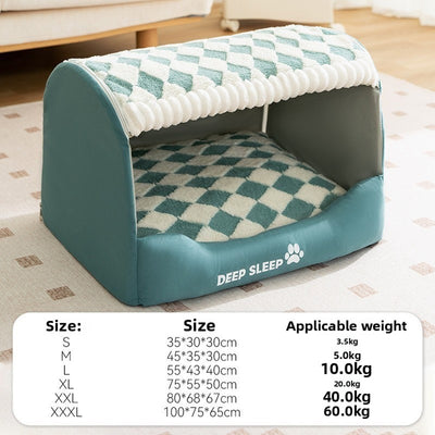 Cozy Plush Tian Green Houndstooth Pet Bed – Warm Thickened Washable Cave for Dogs & Cats