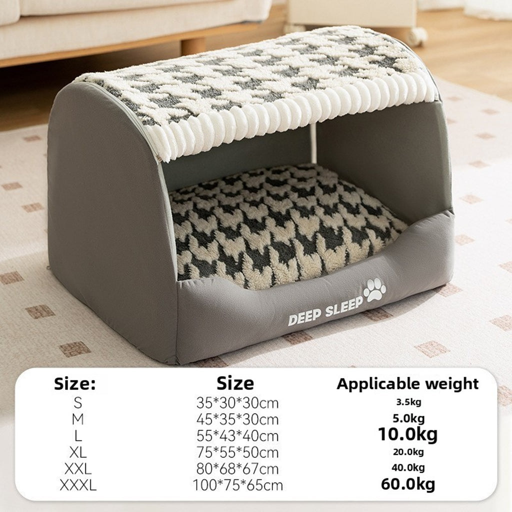 Cozy Plush Jasper Grey Houndstooth Pet Bed – Warm Thickened Washable Cave for Dogs & Cats