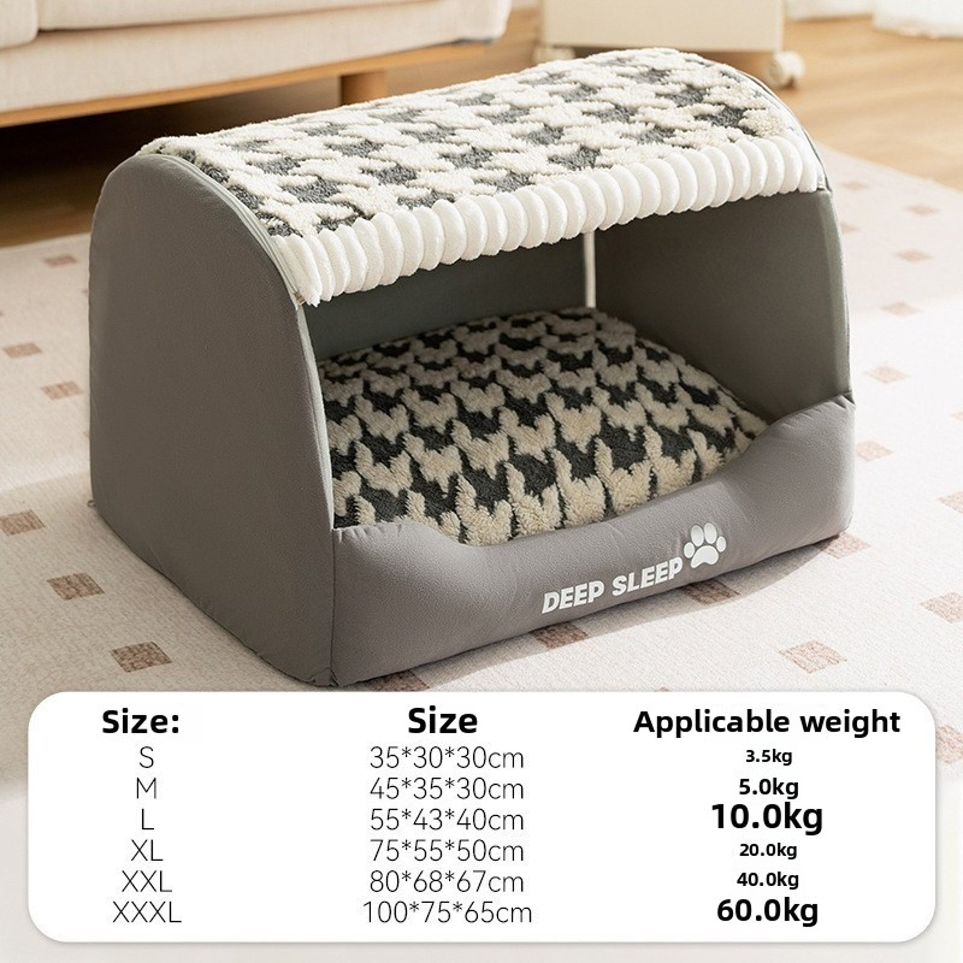 Cozy Plush Jasper Grey Houndstooth Pet Bed – Warm Thickened Washable Cave for Dogs & Cats