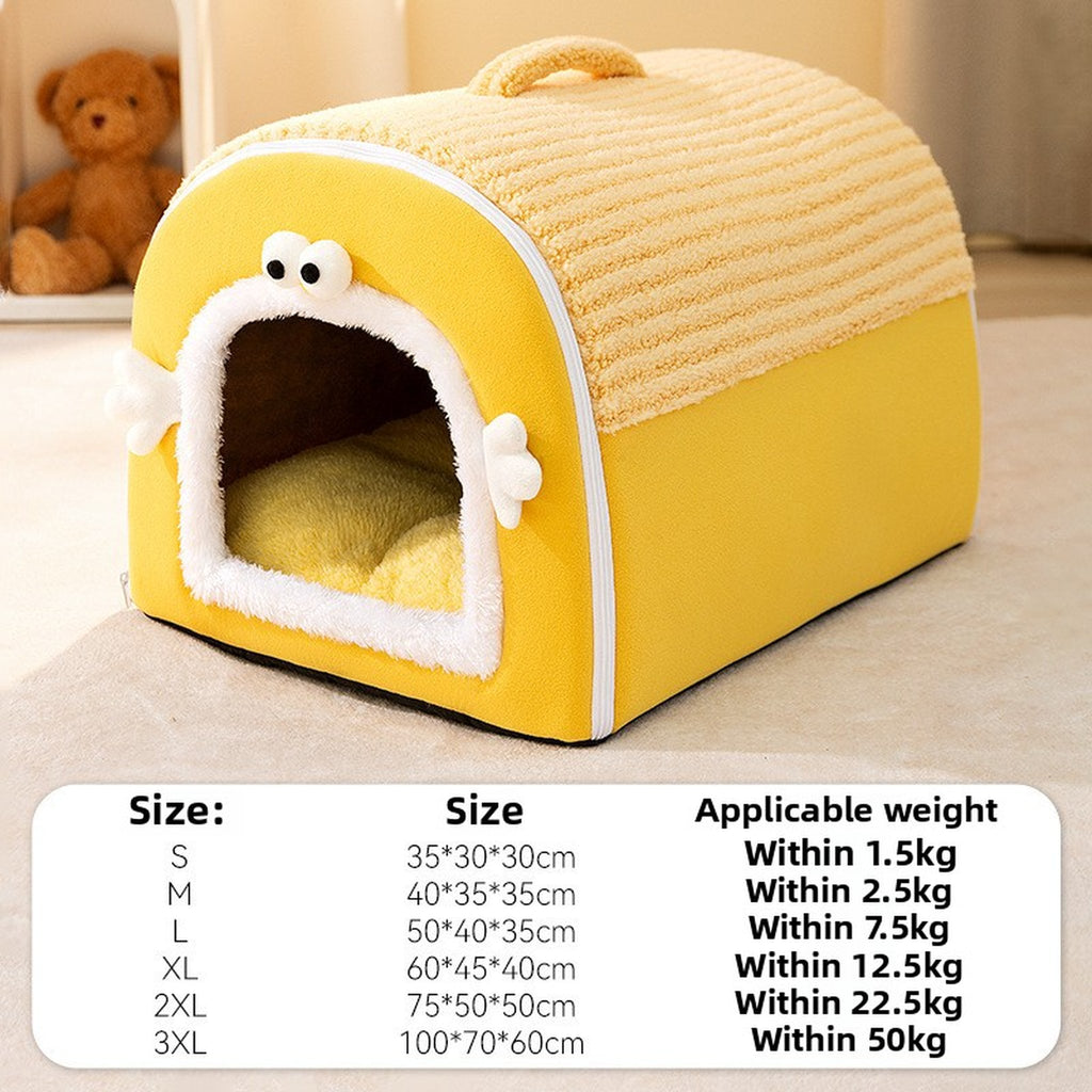 Cozy Plush Rock Yellow Big Eyes Pet Bed – Warm Thickened Washable Cave for Dogs & Cats