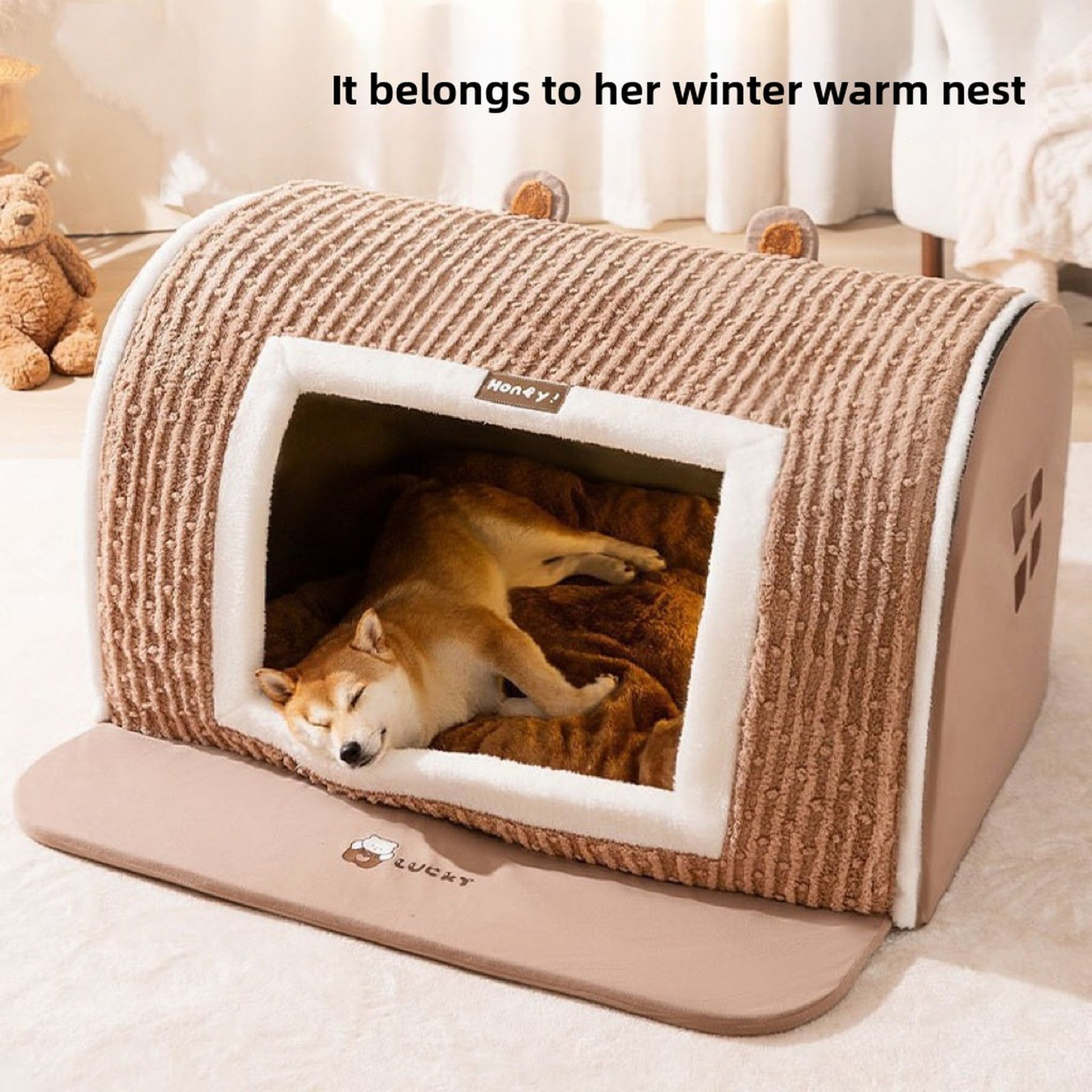 Cozy Plush Lomi Brown Bear Pet Bed – Warm Thickened Washable Cave for Dogs & Cats