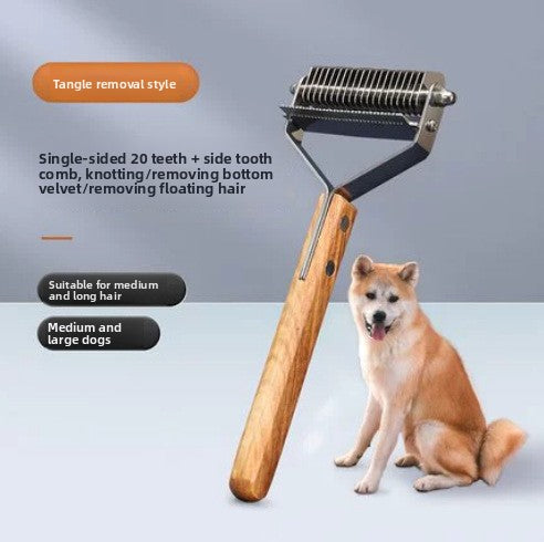 Dual-Sided Stainless Steel Dematting Comb – Wooden Handle, De‑Shedding & Tangle Removal for Dogs and Cats