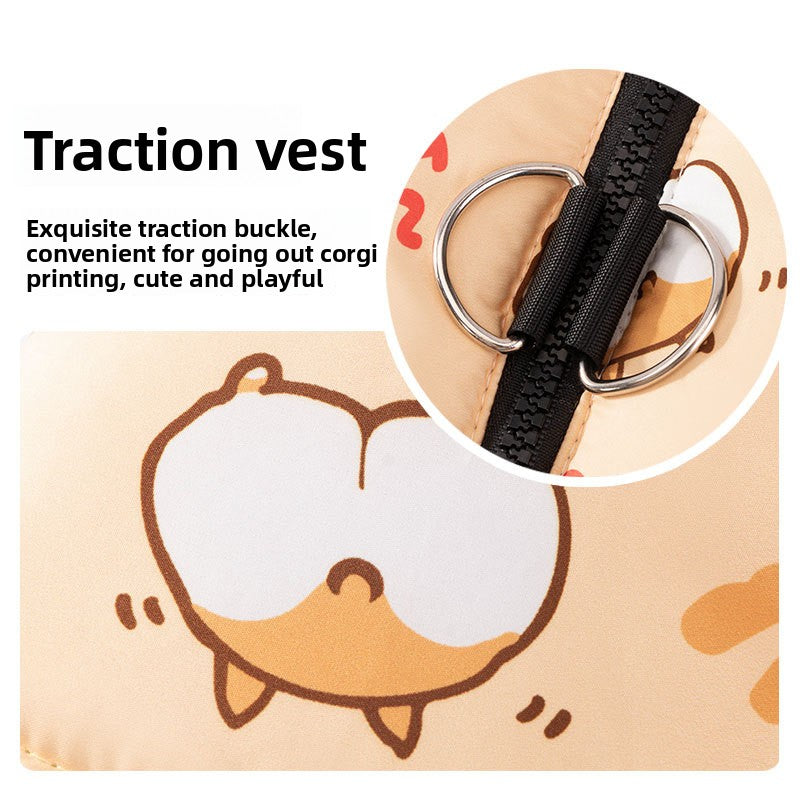Warm Corgi Print Padded Vest – Winter Cotton Jacket with Leash Ring for Small & Medium Dogs