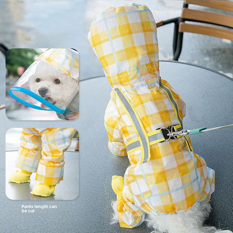 Full-Coverage Reflective Raincoat – Waterproof Plaid Suit with Leash Hook for Small & Medium Dogs