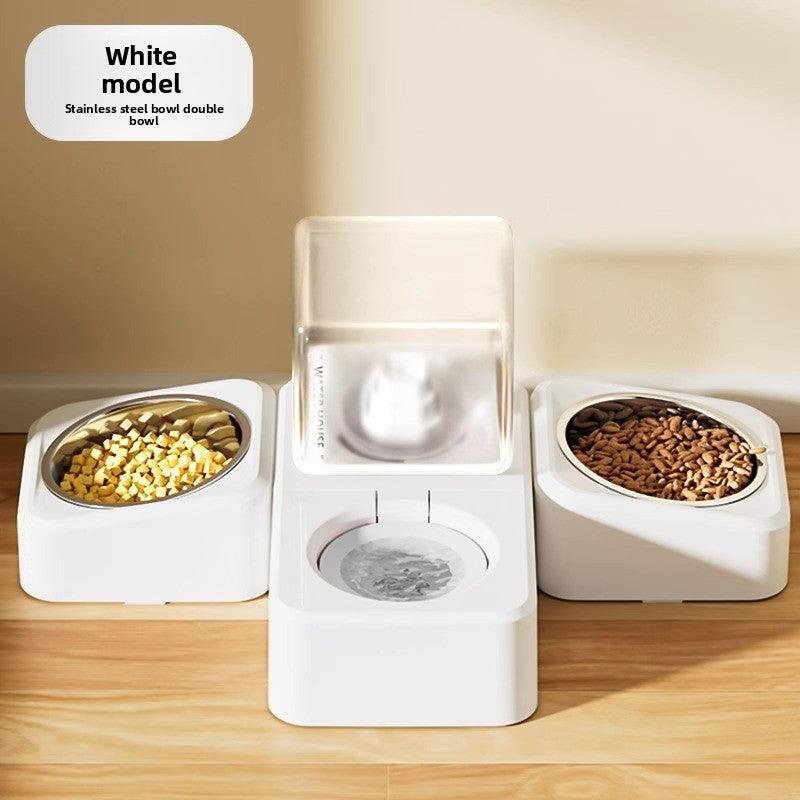 Anti-Wet Chin Stainless Steel Feeder Set – Triple Bowl with Filtered Water Dispenser for Cats & Small Dogs
