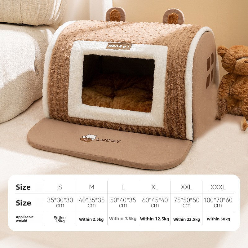 Cozy Plush Lomi Brown Bear Pet Bed – Warm Thickened Washable Cave for Dogs & Cats