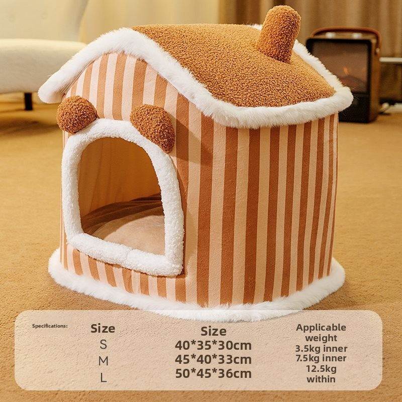 Cozy Plush Brown Villa Pet Bed – Warm Thickened Washable Cave for Dogs & Cats