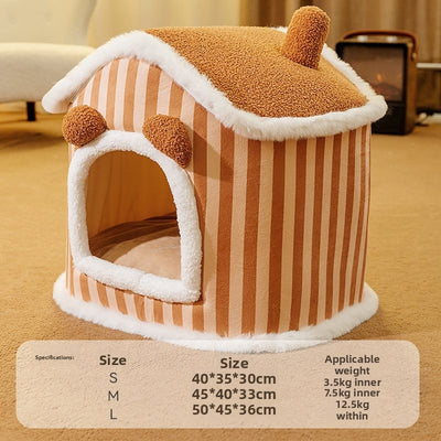 Cozy Plush Brown Villa Pet Bed – Warm Thickened Washable Cave for Dogs & Cats