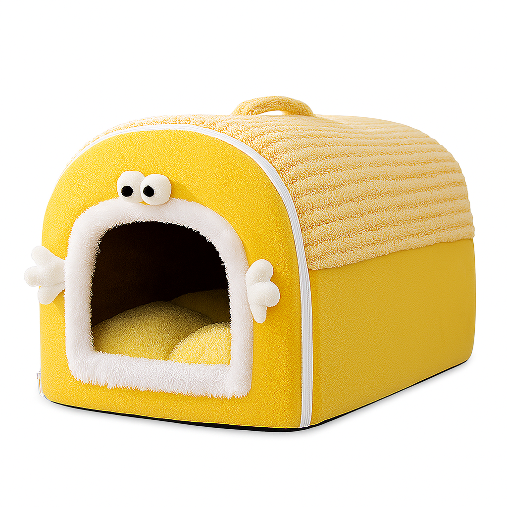 Cozy Plush Rock Yellow Big Eyes Pet Bed – Warm Thickened Washable Cave for Dogs & Cats