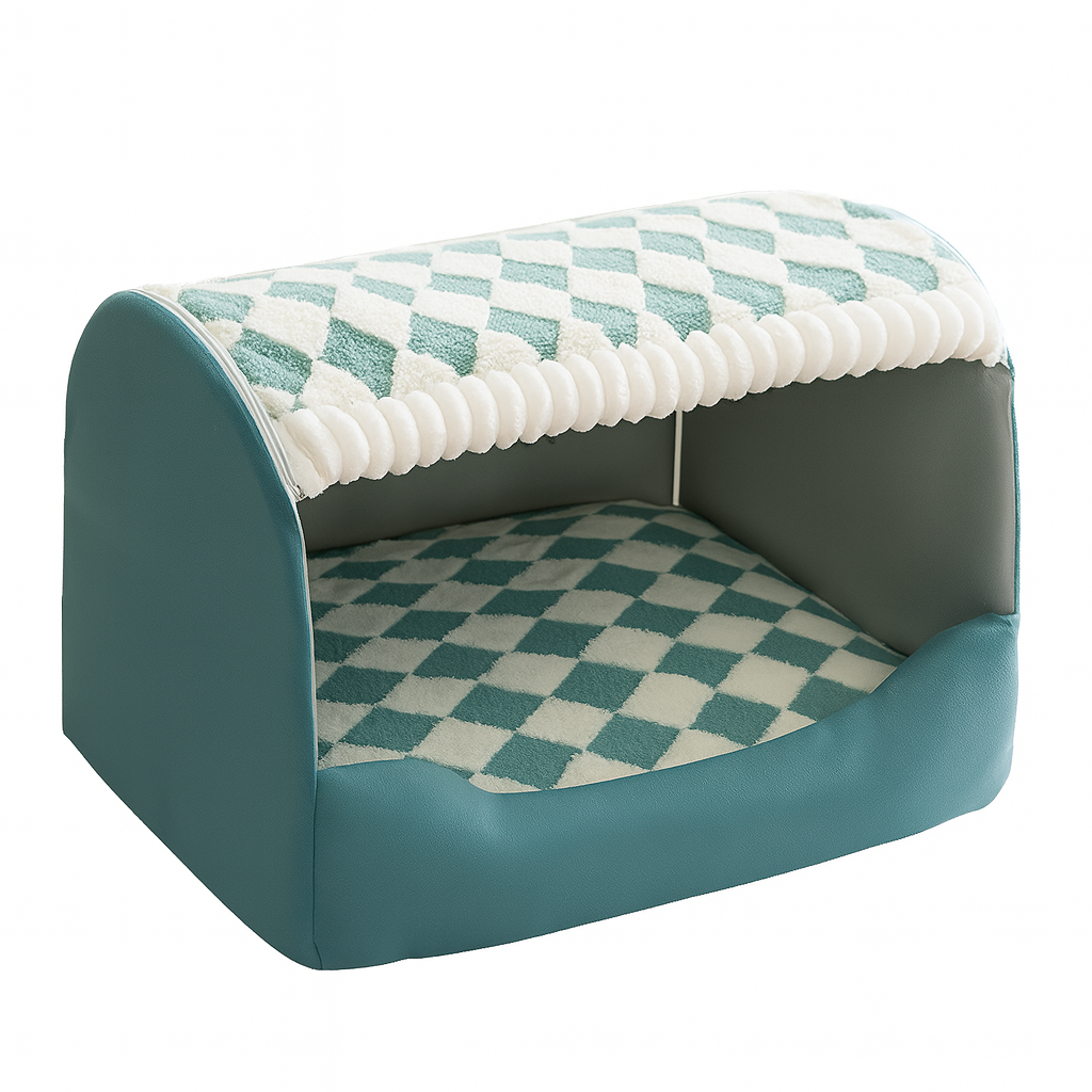 Cozy Plush Tian Green Houndstooth Pet Bed – Warm Thickened Washable Cave for Dogs & Cats