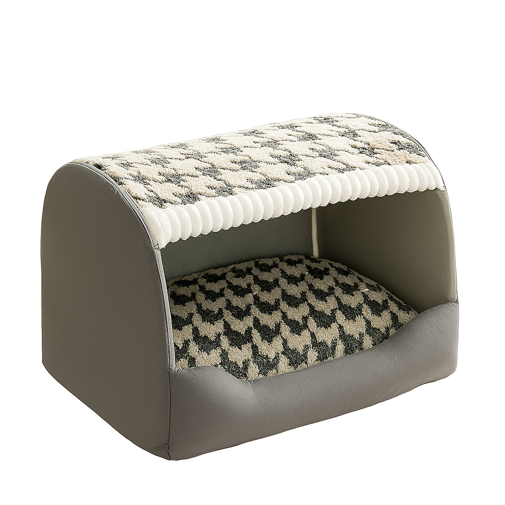 Cozy Plush Jasper Grey Houndstooth Pet Bed – Warm Thickened Washable Cave for Dogs & Cats
