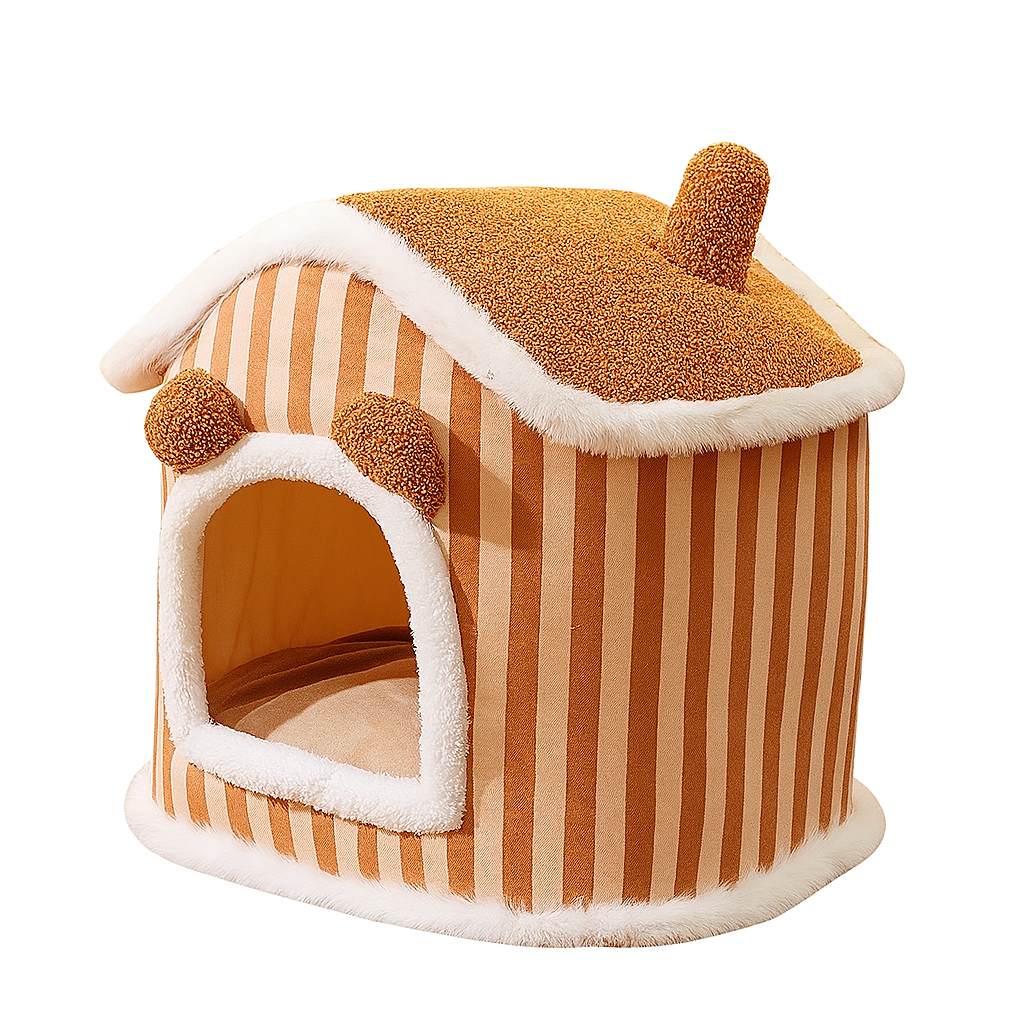 Cozy Plush Brown Villa Pet Bed – Warm Thickened Washable Cave for Dogs & Cats