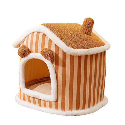 Cozy Plush Brown Villa Pet Bed – Warm Thickened Washable Cave for Dogs & Cats
