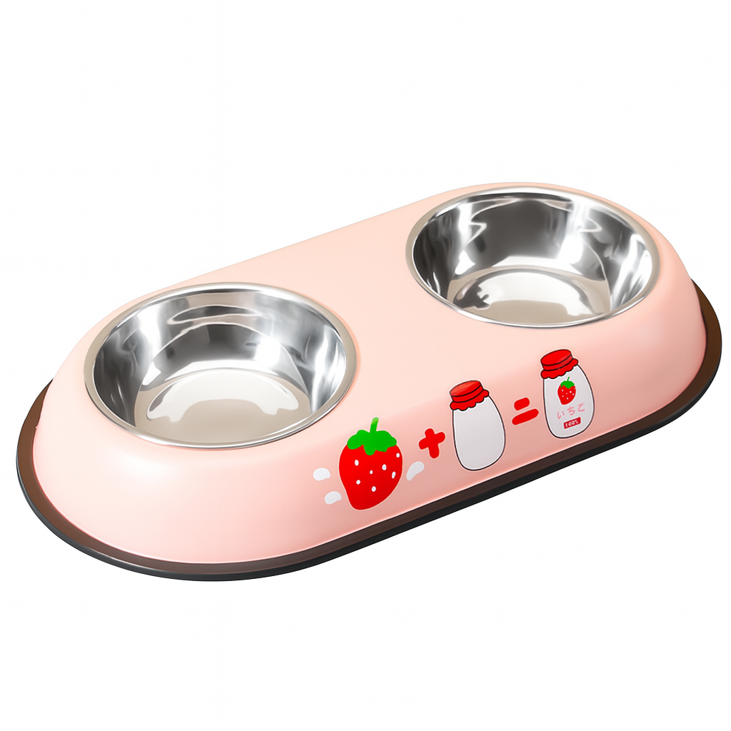 Cartoon Double Bowl Feeder – Stainless Steel, Non-Slip Dual Pet Bowl for Cats & Dogs
