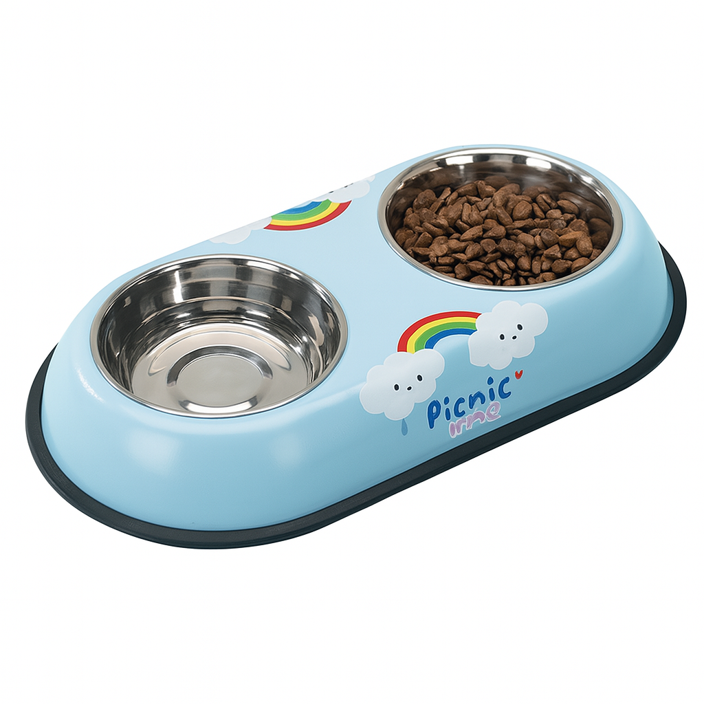 Cartoon Double Bowl Feeder – Stainless Steel, Non-Slip Dual Pet Bowl for Cats & Dogs