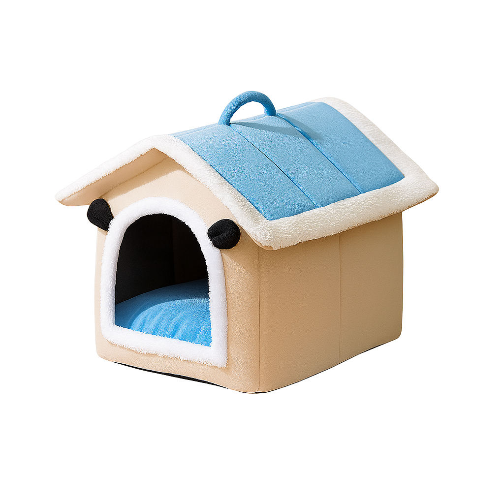 Cozy Plush Blue Villa Bed – Warm Thickened Washable Cave for Dogs & Cats