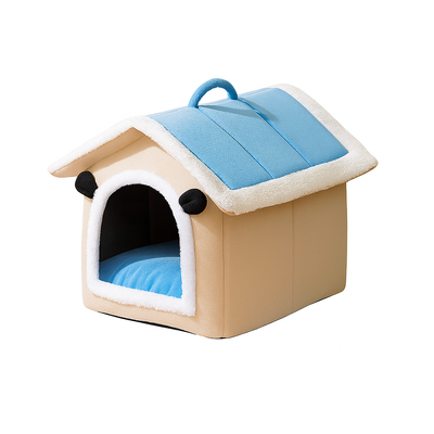 Cozy Plush Blue Villa Bed – Warm Thickened Washable Cave for Dogs & Cats