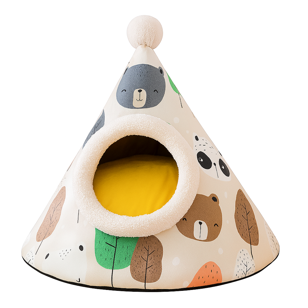 Cozy Plush Yurt Bear Bed – Warm Thickened Washable Cave for Dogs & Cats