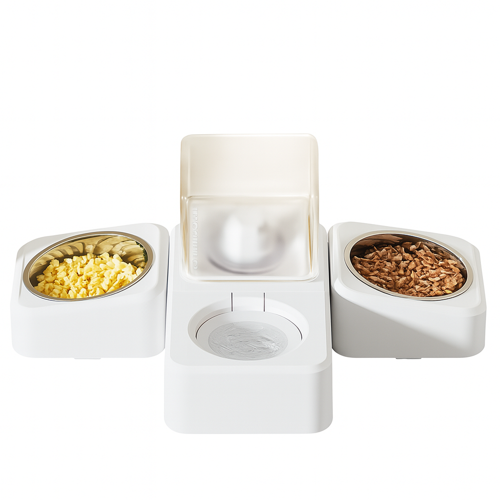 Anti-Wet Chin Stainless Steel Feeder Set – Triple Bowl with Filtered Water Dispenser for Cats & Small Dogs