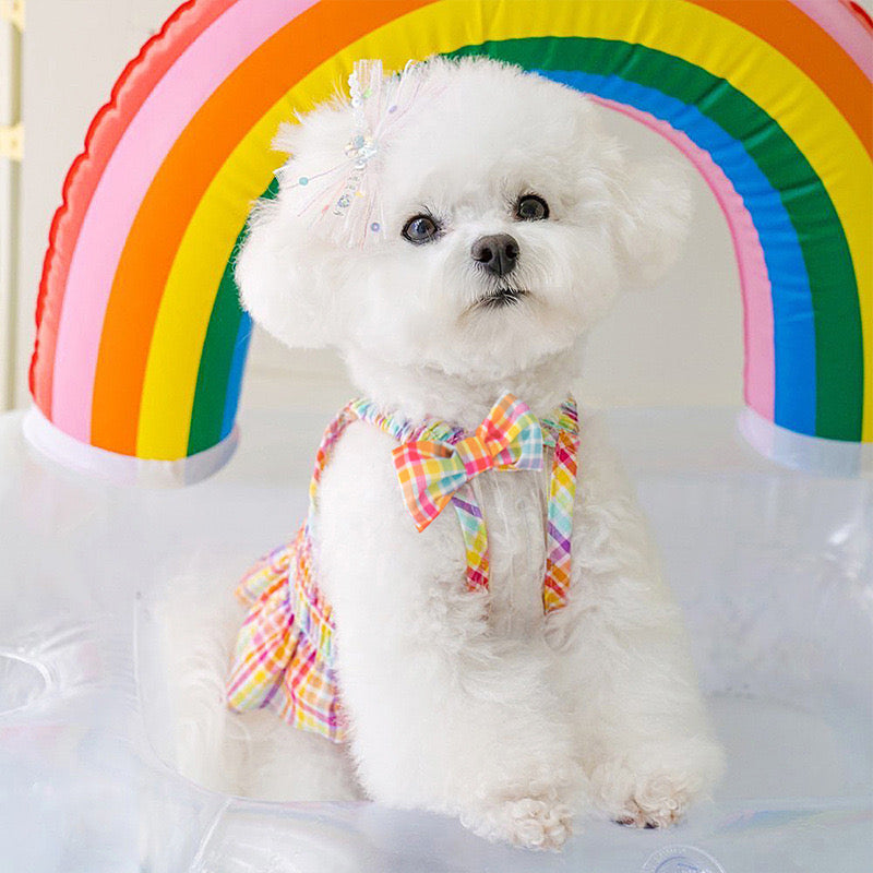 Rainbow Plaid Dog Dress – Lightweight Cotton, Stylish Comfort for Small Dogs