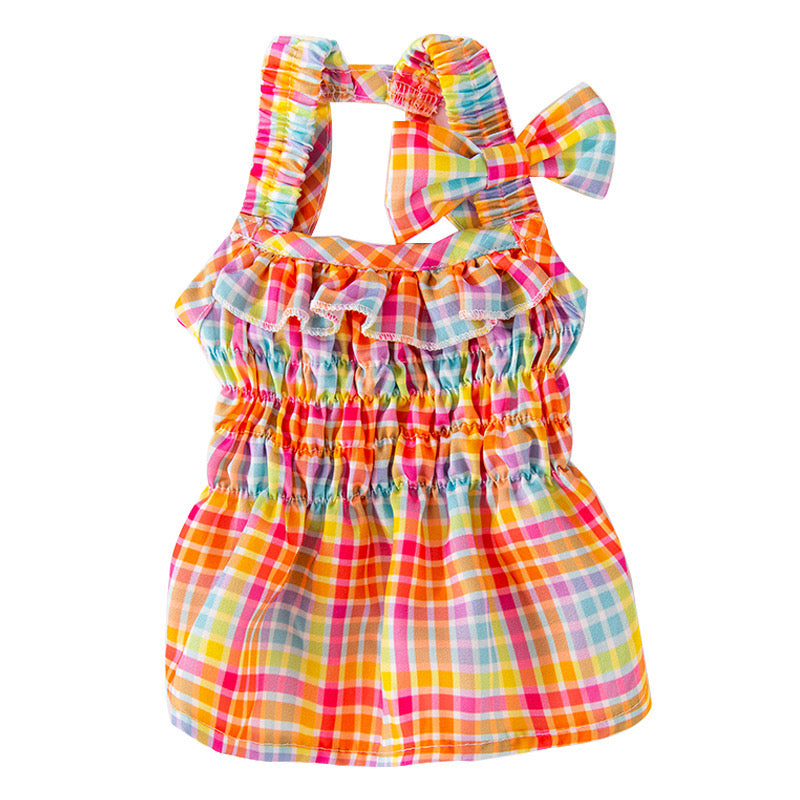 Rainbow Plaid Dog Dress – Lightweight Cotton, Stylish Comfort for Small Dogs