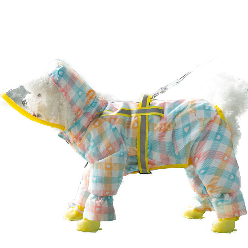 Full-Coverage Reflective Raincoat – Waterproof Plaid Suit with Leash Hook for Small & Medium Dogs