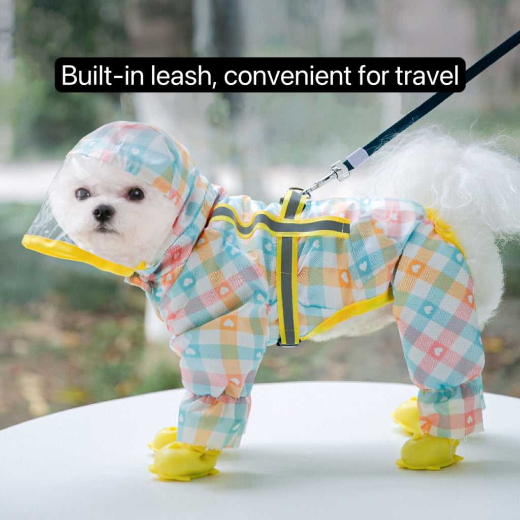 Full-Coverage Reflective Raincoat – Waterproof Plaid Suit with Leash Hook for Small & Medium Dogs