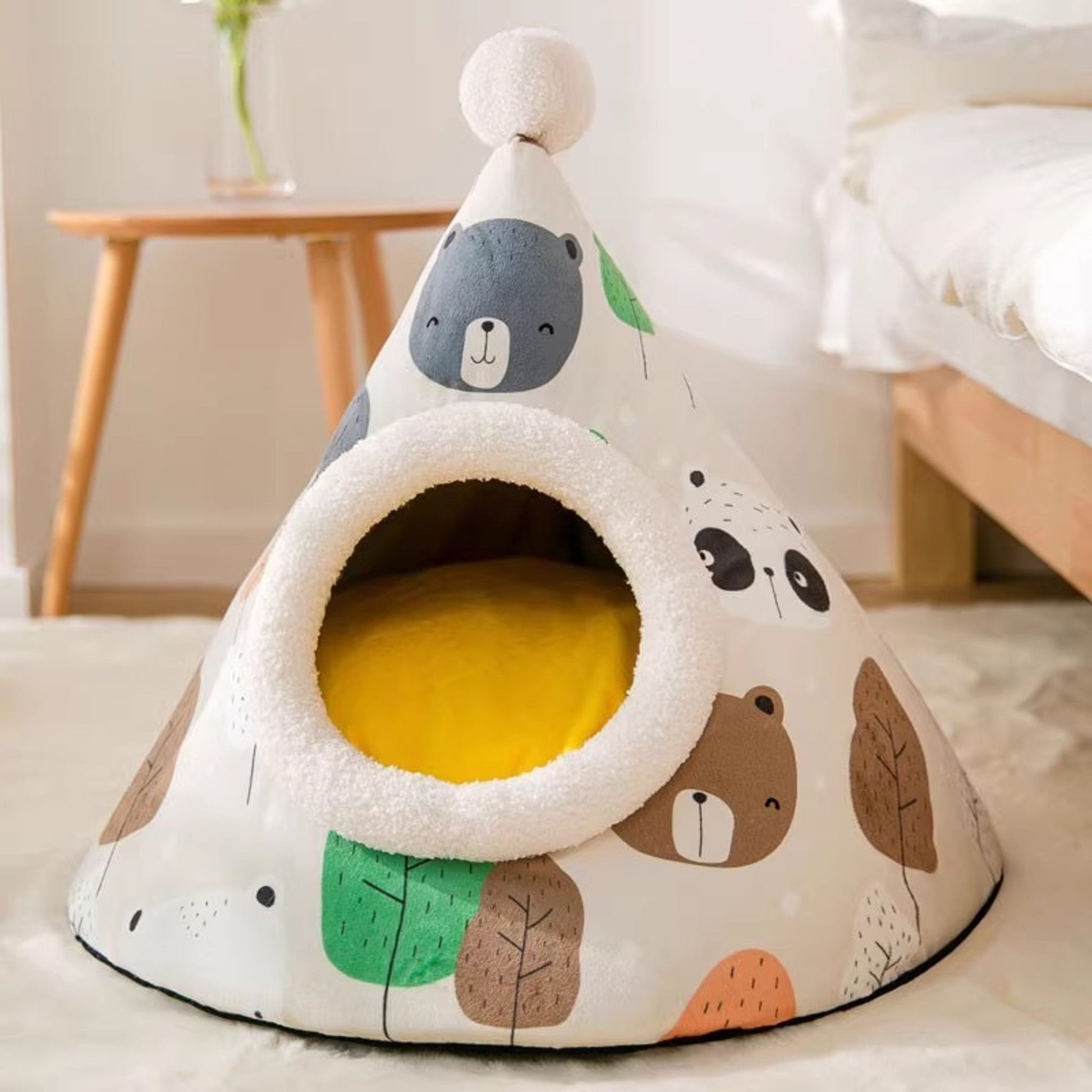 Cozy Plush Yurt Bear Bed – Warm Thickened Washable Cave for Dogs & Cats