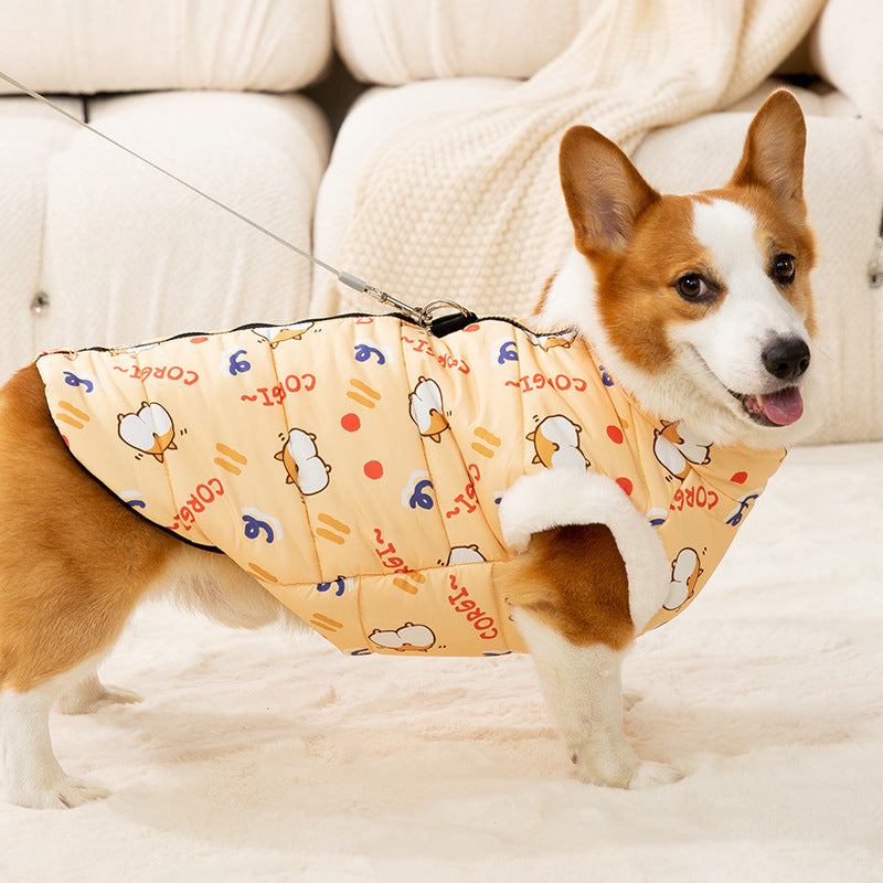 Warm Corgi Print Padded Vest – Winter Cotton Jacket with Leash Ring for Small & Medium Dogs