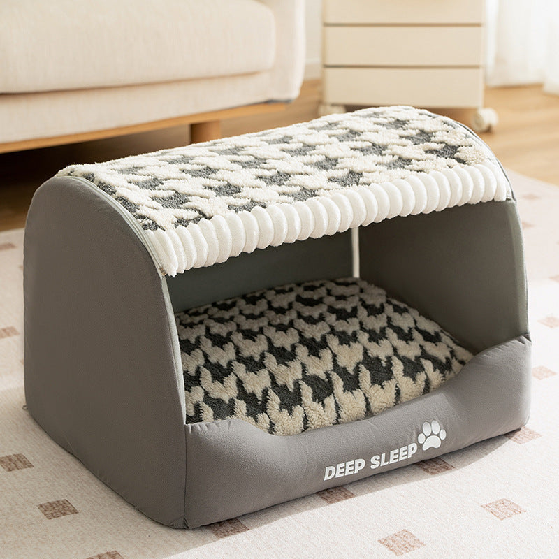 Cozy Plush Jasper Grey Houndstooth Pet Bed – Warm Thickened Washable Cave for Dogs & Cats