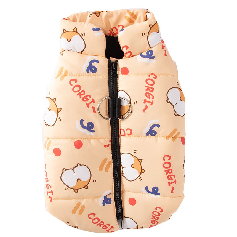 Warm Corgi Print Padded Vest – Winter Cotton Jacket with Leash Ring for Small & Medium Dogs