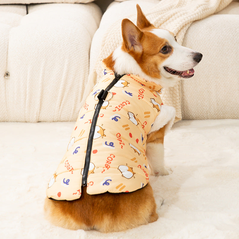 Warm Corgi Print Padded Vest – Winter Cotton Jacket with Leash Ring for Small & Medium Dogs