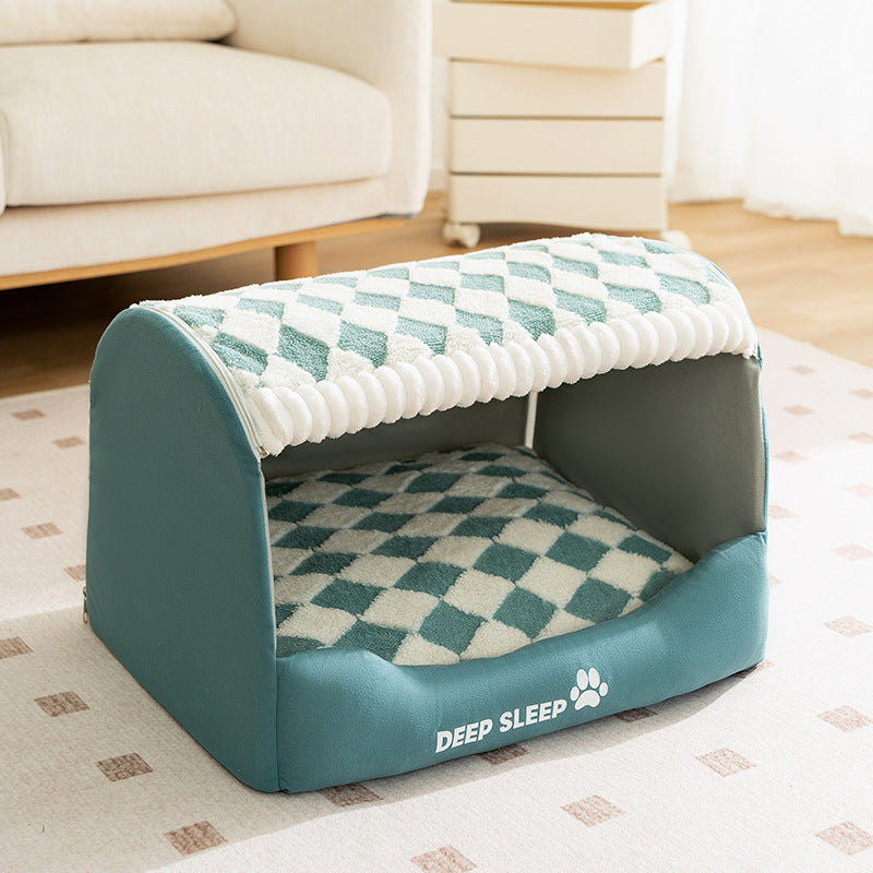 Cozy Plush Tian Green Houndstooth Pet Bed – Warm Thickened Washable Cave for Dogs & Cats